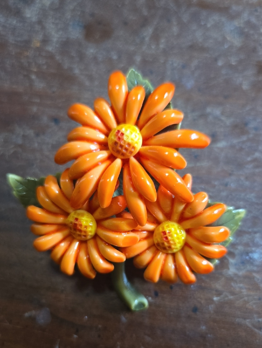 Vintage 1960s Enamel Orange Daisy Flower Brooch Pin With Leaves